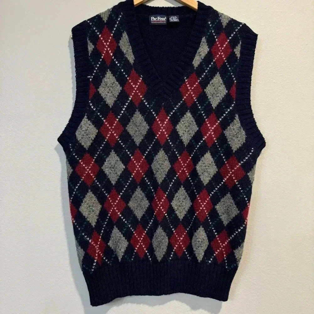 Pre Rose Men's V-Neck Argyle Sweater Vest - Red and Gray